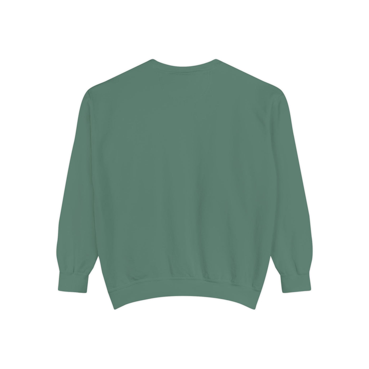 Back view of cozy unisex garment-dyed sweatshirt in green with minimalist design and ribbed cuffs and hem