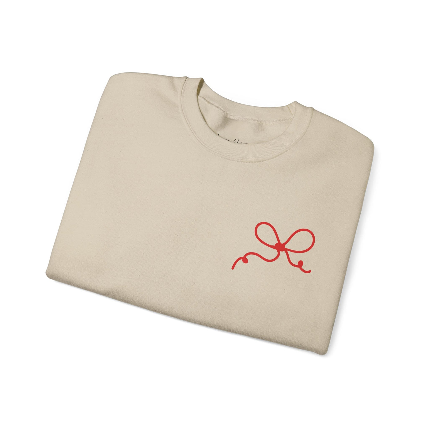 Coquette Bow Crewneck Sweatshirt beige with red bow design, unisex cotton-poly blend, festive "The King is Born" faith theme