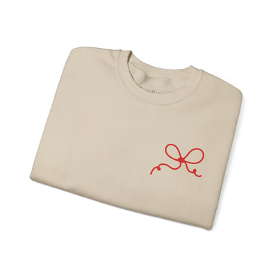 Coquette Bow Crewneck Sweatshirt beige with red bow design, unisex cotton-poly blend, festive "The King is Born" faith theme