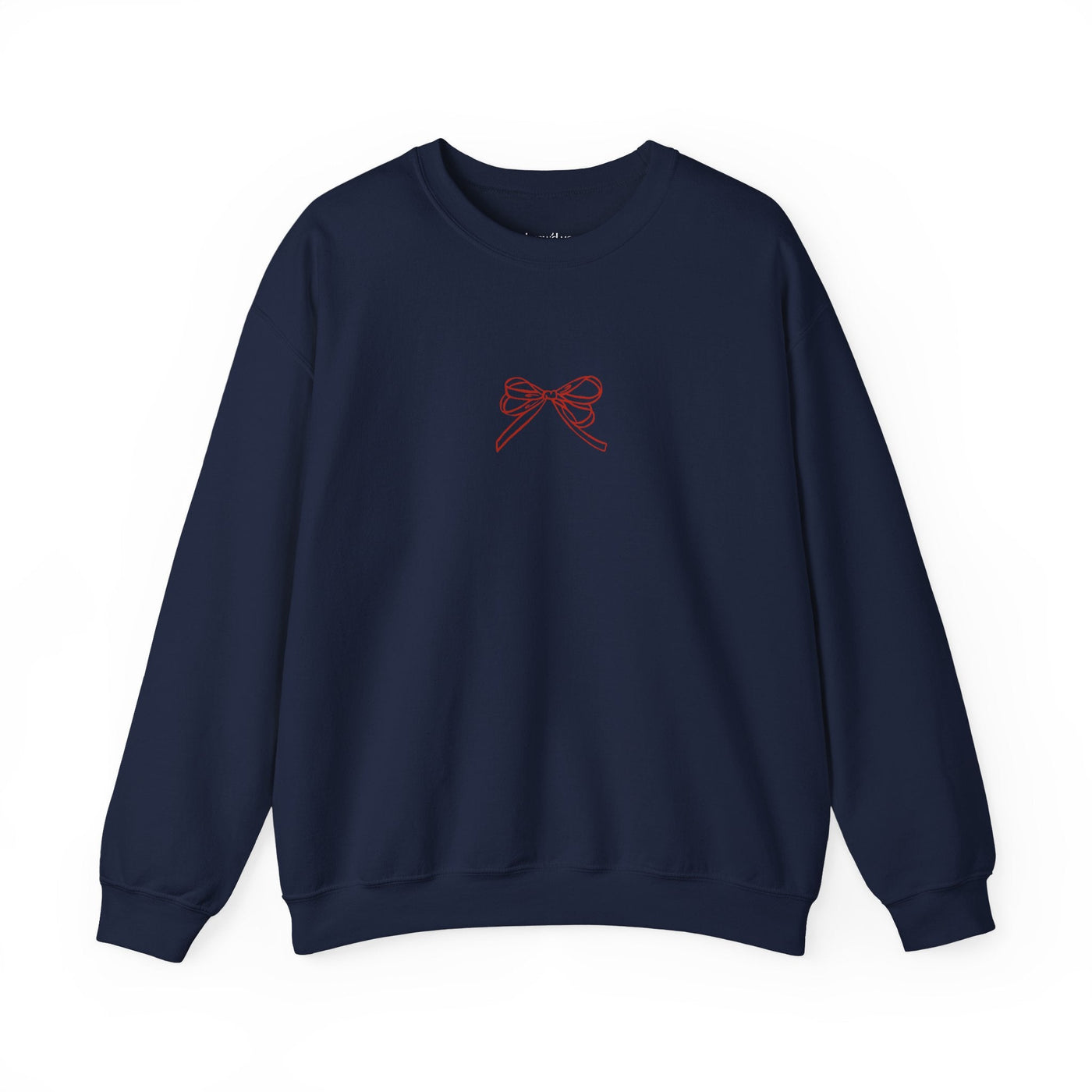 Navy Holiday Bow Crewneck Sweatshirt with red bow embroidery, classic fit, festive casual wear for adults