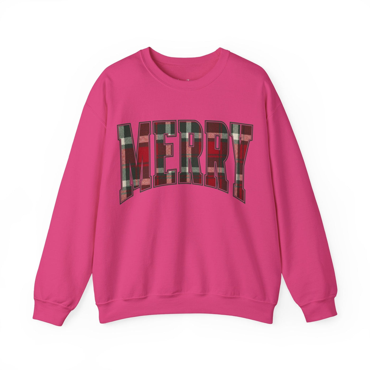 Pink crewneck sweatshirt with plaid "MERRY" Christmas graphic and festive holiday design