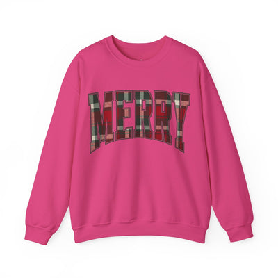 Pink crewneck sweatshirt with plaid "MERRY" Christmas graphic and festive holiday design