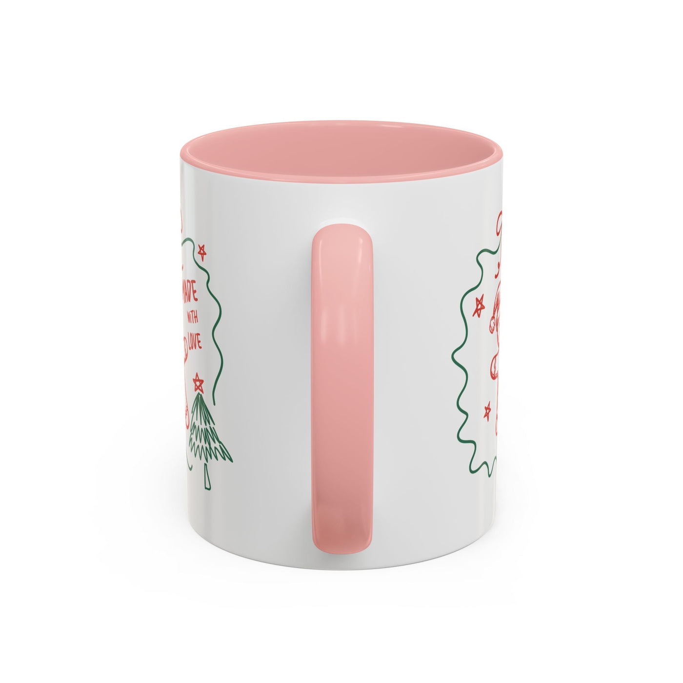 Minimalist festive Christmas coffee mug with pink handle and interior, white ceramic, 11oz and 15oz sizes available