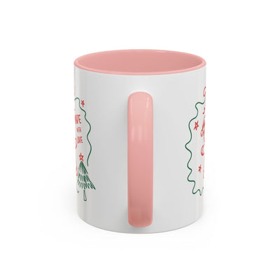 Minimalist festive Christmas coffee mug with pink handle and interior, white ceramic, 11oz and 15oz sizes available