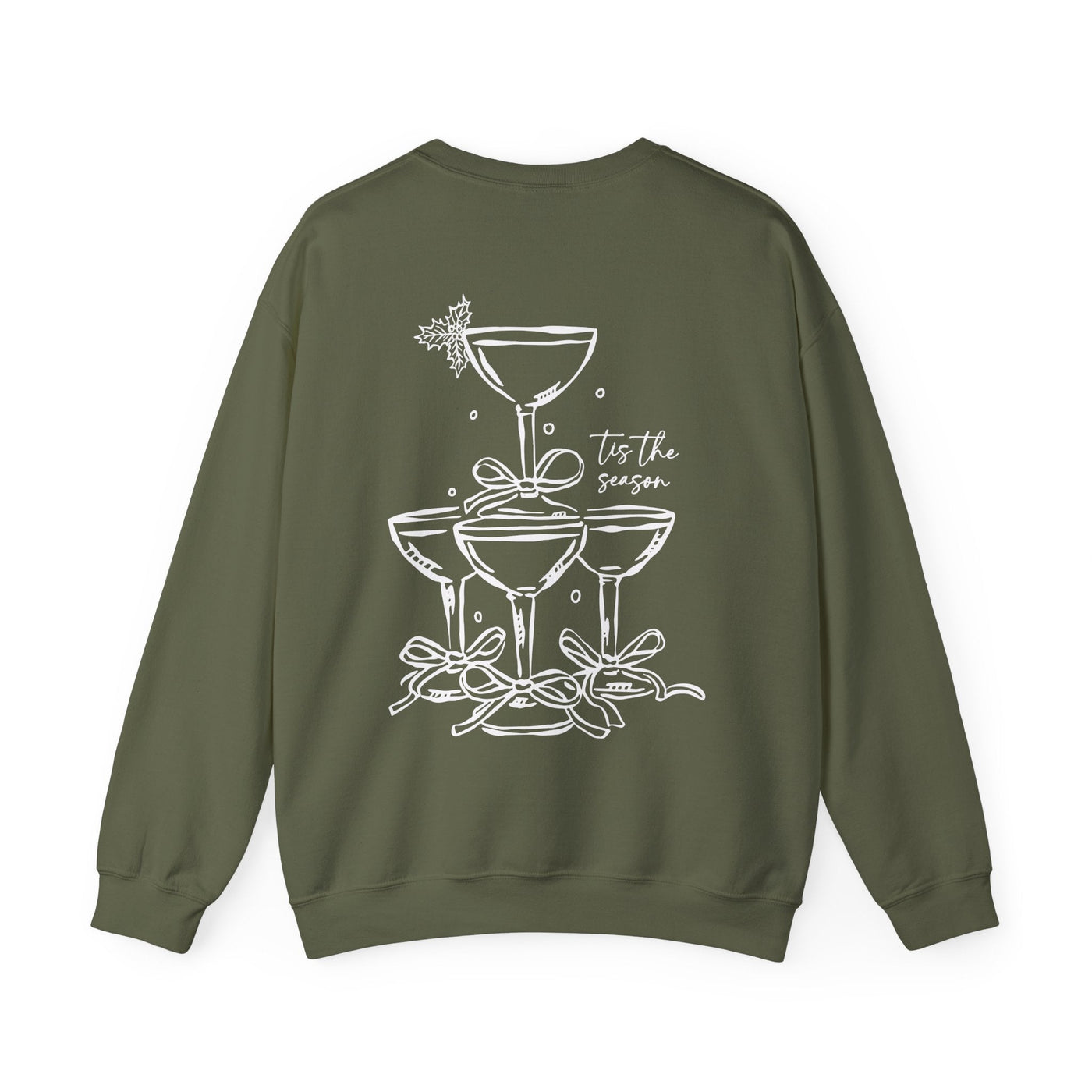 Holiday Bow Crewneck Sweatshirt with festive champagne tower and bow design on olive green, holiday theme, adult casual wear