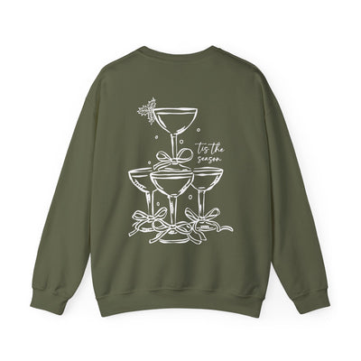 Holiday Bow Crewneck Sweatshirt with festive champagne tower and bow design on olive green, holiday theme, adult casual wear