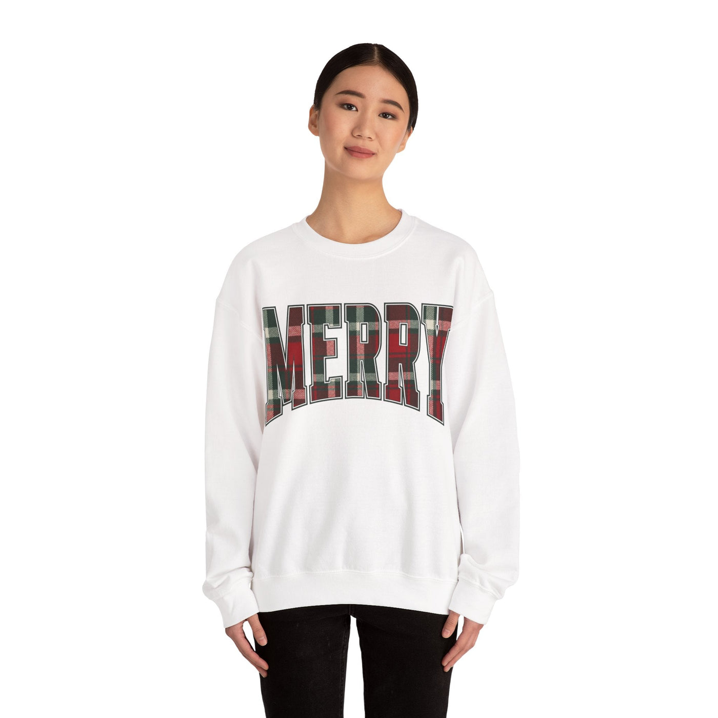 White crewneck sweatshirt with red and green plaid "MERRY" Christmas graphic text