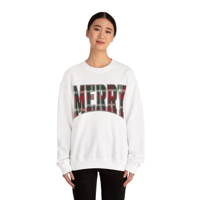 White crewneck sweatshirt with red and green plaid "MERRY" Christmas graphic text