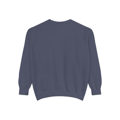 Cozy unisex garment-dyed sweatshirt with minimalist embroidery, soft cotton-polyester blend, ribbed cuffs and hem, navy blue back view