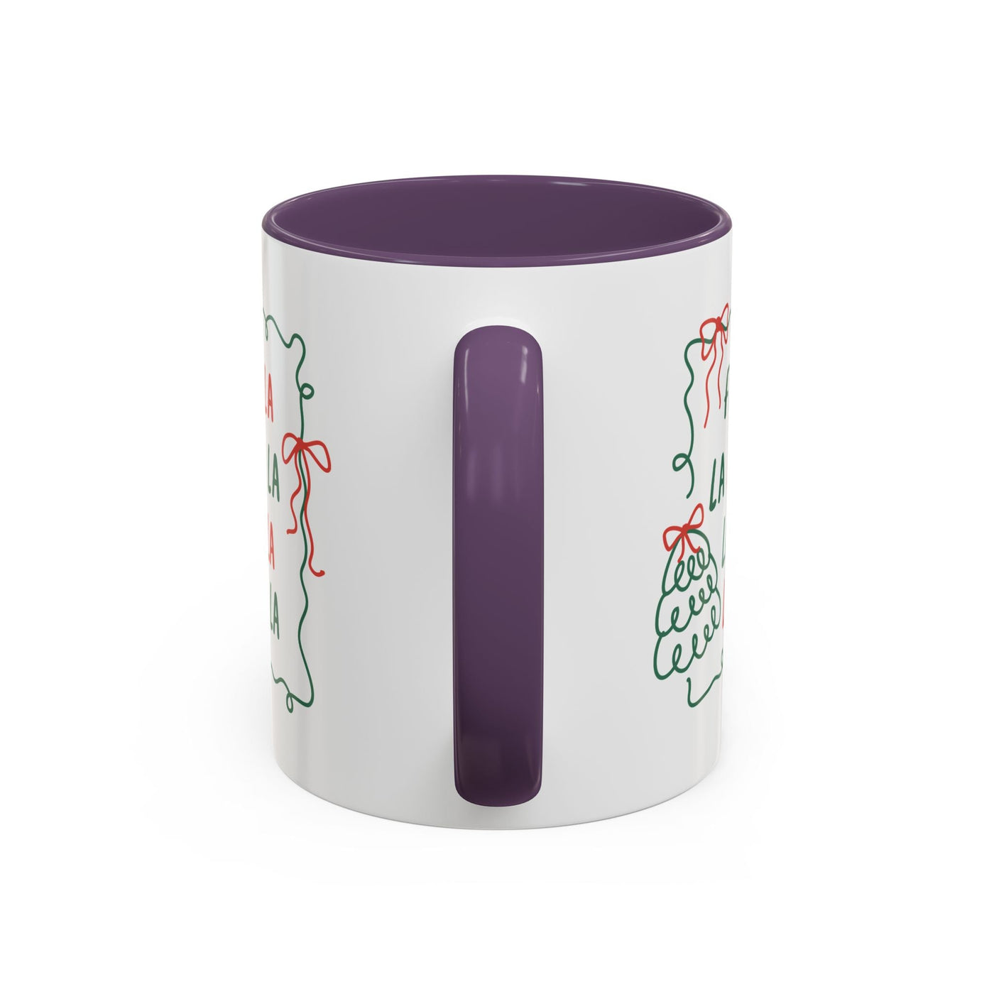 Minimalist Fa La La Christmas ceramic coffee mug with purple handle and festive holiday design