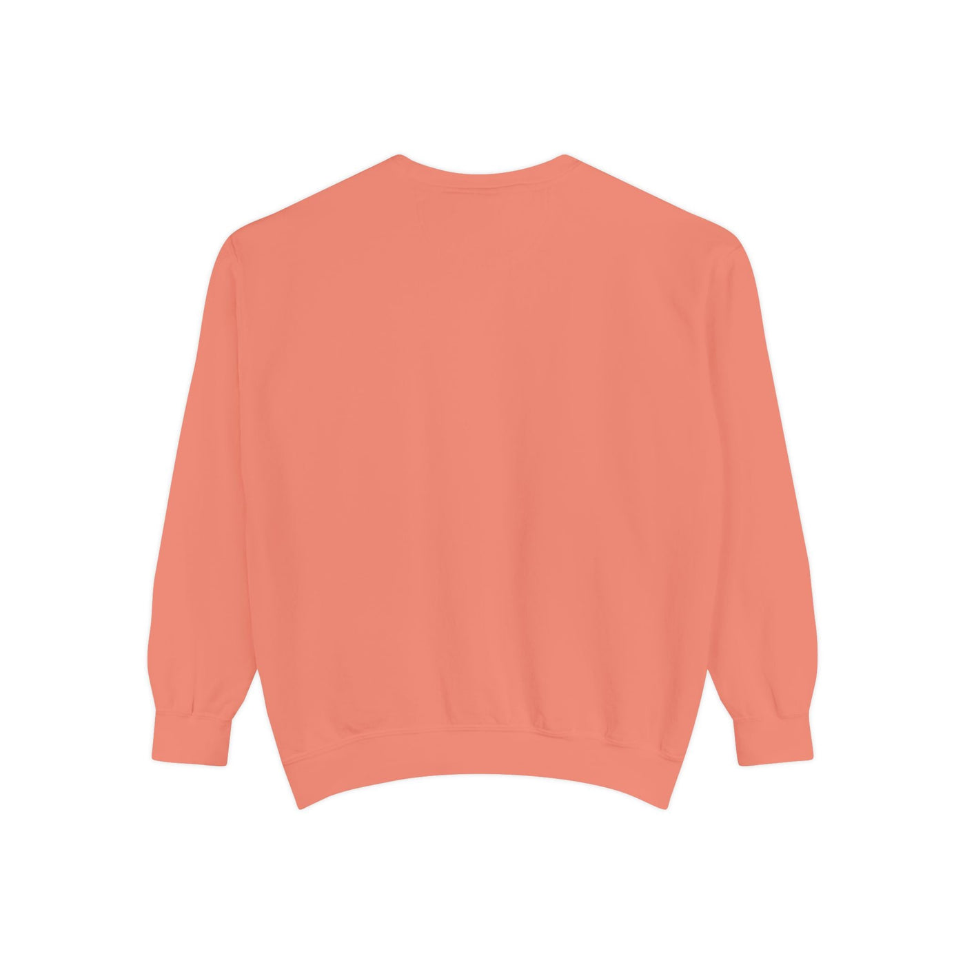 Cozy unisex garment-dyed sweatshirt in coral with minimalist embroidery, soft cotton-polyester blend, ribbed cuffs and hem