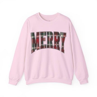 pink crewneck sweatshirt with varsity plaid "MERRY" Christmas graphic
