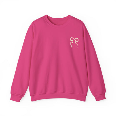 Pink Coquette Christmas Faith Crewneck Sweatshirt with bow design, unisex cotton-poly blend, ribbed collar, festive and inspirational holiday wear