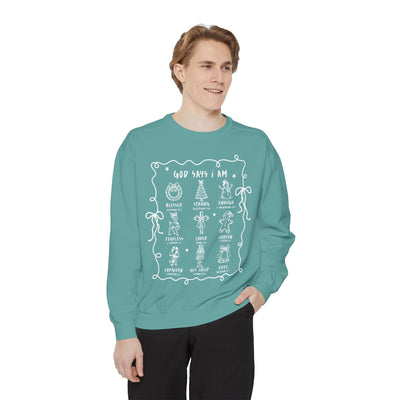 God Says I Am inspirational crewneck sweatshirt with Bible verse design in teal color worn by man