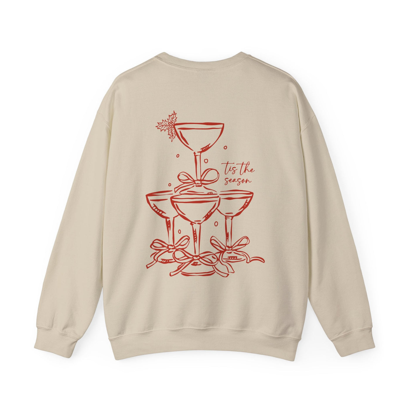 Holiday Bow Crewneck Sweatshirt with festive champagne tower and bows design on back, beige color