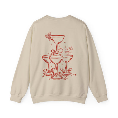 Holiday Bow Crewneck Sweatshirt with festive champagne tower and bows design on back, beige color