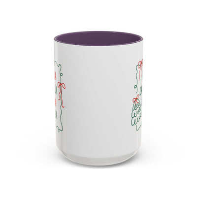 White ceramic Fa La La Christmas Coffee Mug with minimalist holiday design and purple interior, microwave and dishwasher safe, available in 11oz and 15oz sizes