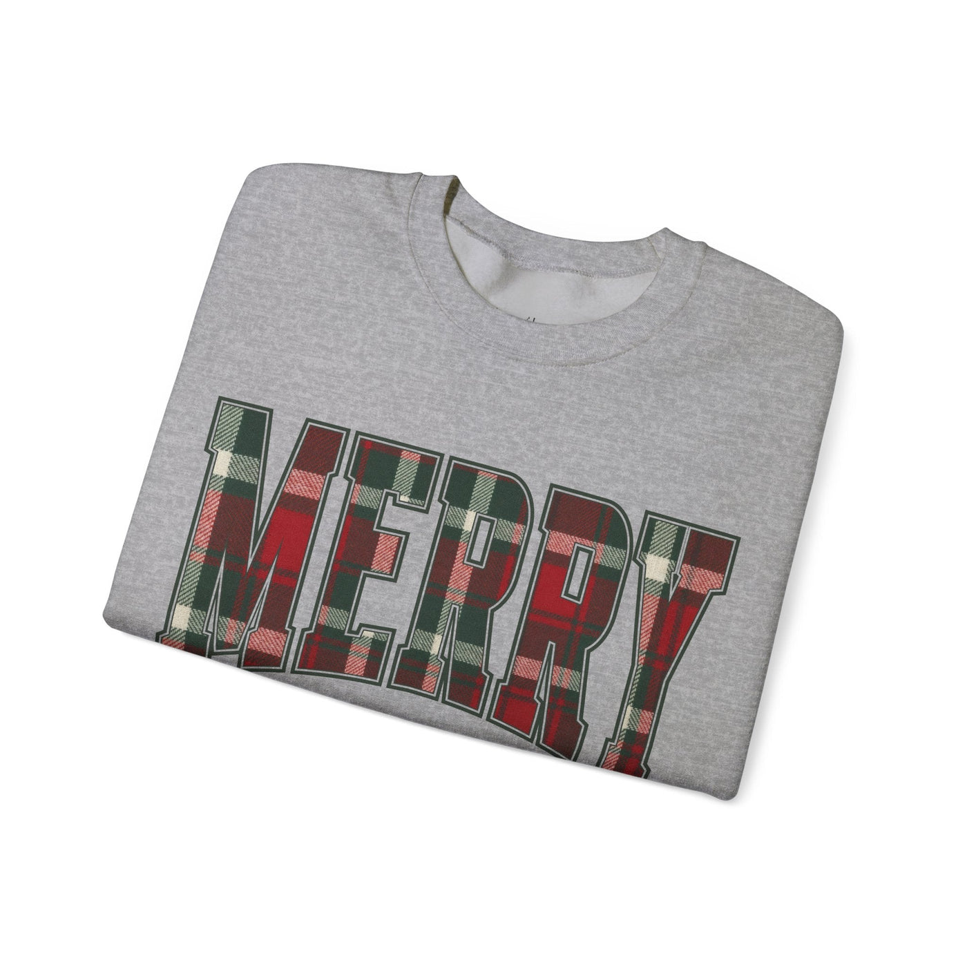 Folded grey crewneck sweatshirt with "MERRY" plaid Christmas graphic in red and green letters