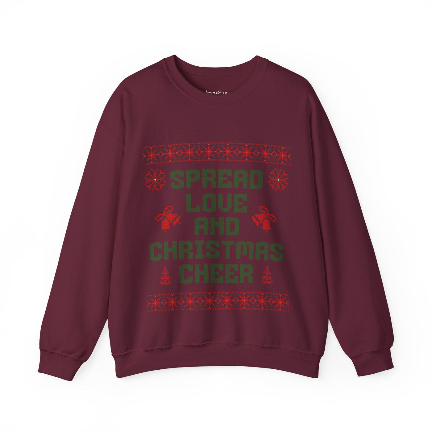 Maroon cozy unisex crewneck sweatshirt with "Spread Love and Christmas Cheer" holiday design
