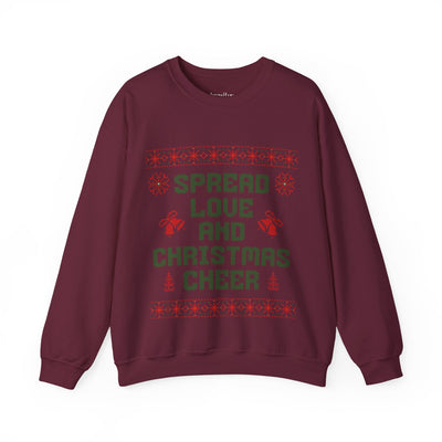 Maroon cozy unisex crewneck sweatshirt with "Spread Love and Christmas Cheer" holiday design