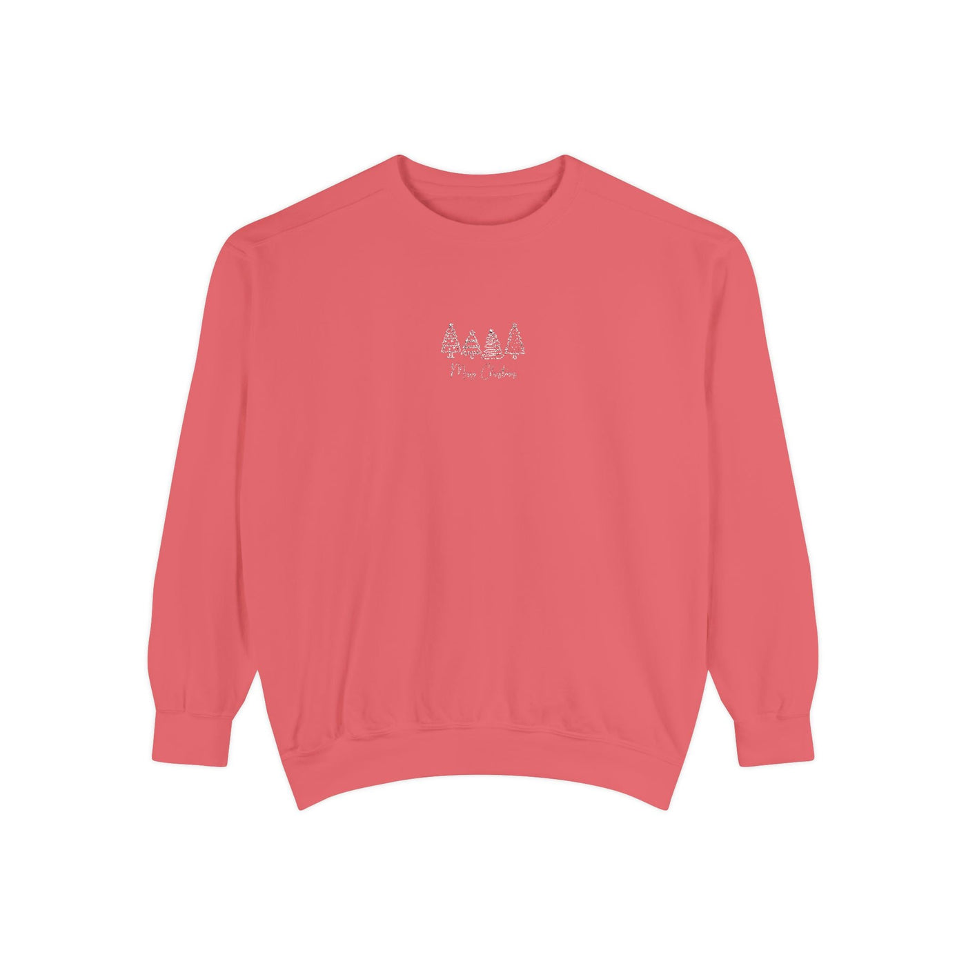 Cozy unisex garment-dyed sweatshirt in coral with minimalist tree embroidery design and ribbed cuffs and hem