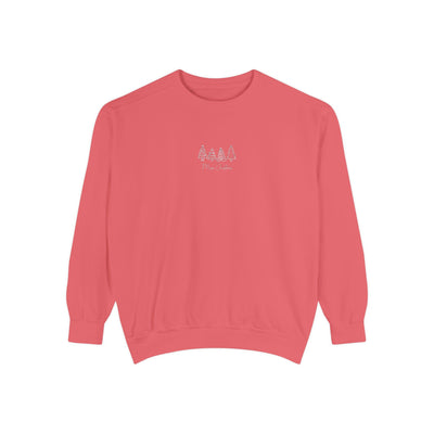 Cozy unisex garment-dyed sweatshirt in coral with minimalist tree embroidery design and ribbed cuffs and hem
