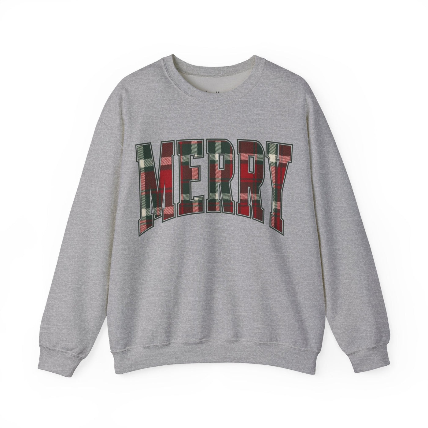 grey crewneck sweatshirt with MERRY in red and green plaid Christmas graphic