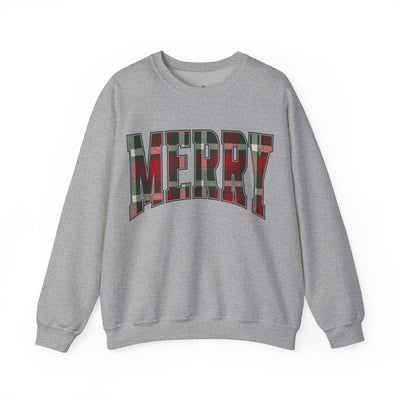 grey crewneck sweatshirt with MERRY in red and green plaid Christmas graphic