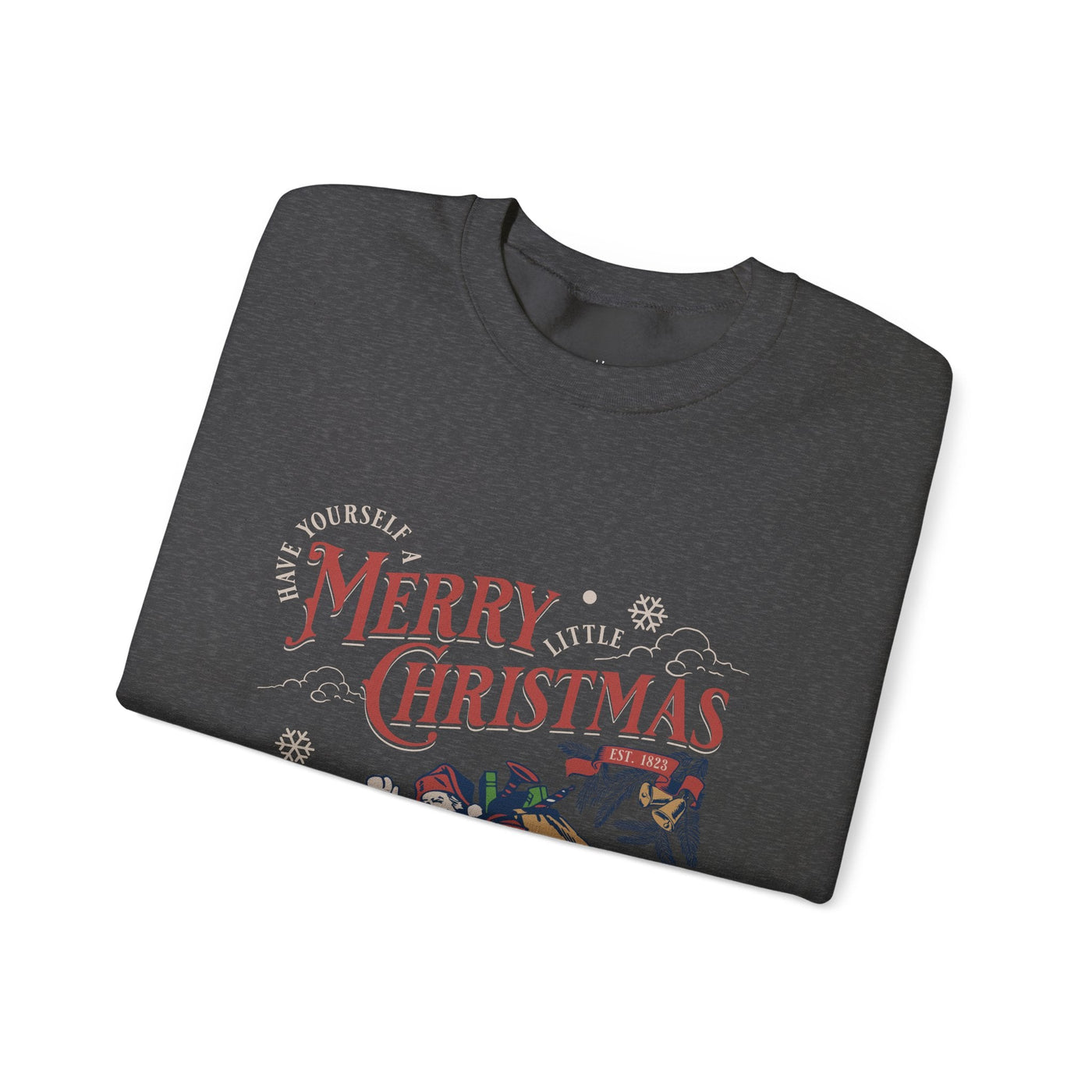 Vintage Santa Crewneck sweatshirt in dark gray with festive Merry Christmas design and holiday graphics.