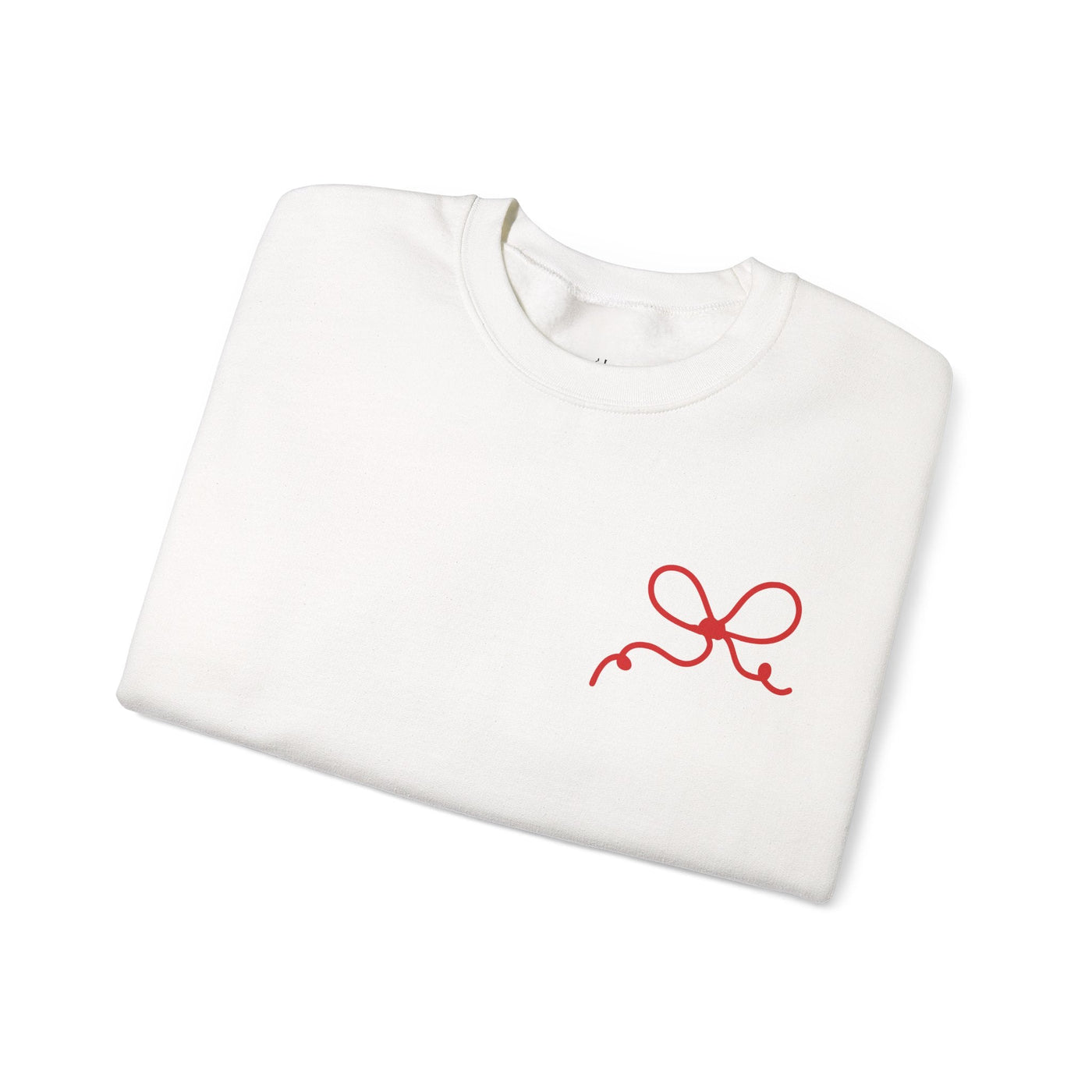 White Coquette Bow Crewneck Sweatshirt with red bow design, festive "The King is Born" faith theme, cotton-poly blend, ribbed collar, adult sizing