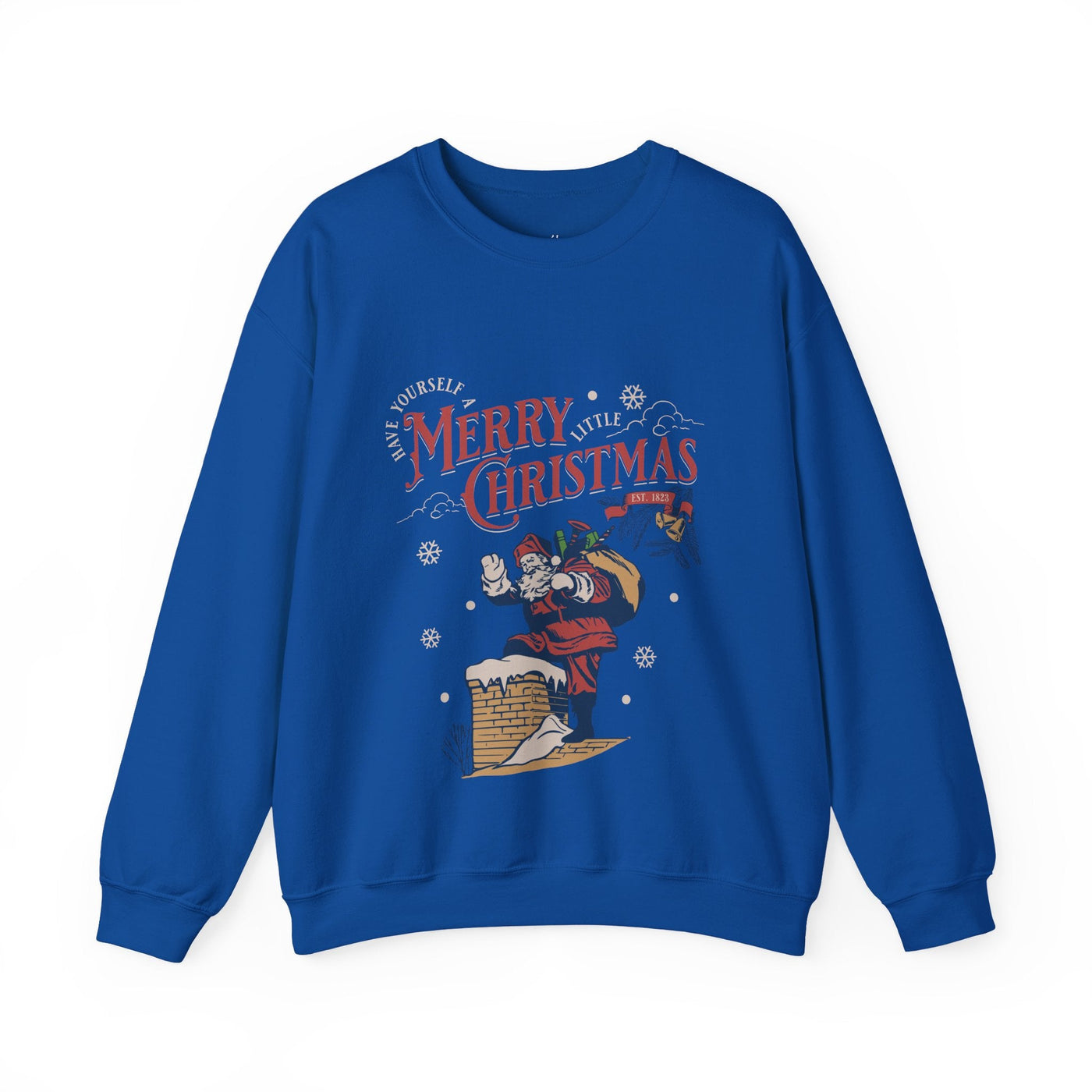 Blue Vintage Santa Crewneck sweatshirt with Santa carrying gift bag climbing into chimney and Merry Christmas text