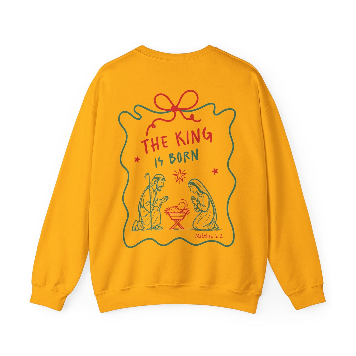 Yellow Coquette Bow Crewneck Sweatshirt featuring "The King is Born" faith design with nativity scene and bow details.