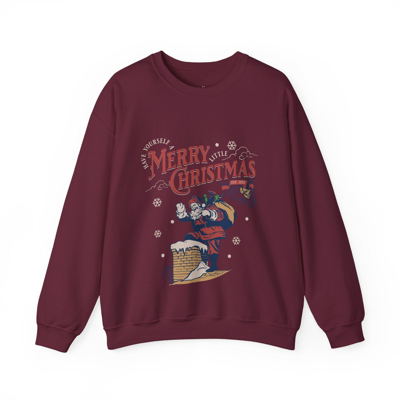 Vintage Santa Crewneck sweatshirt in burgundy featuring Santa with a gift bag going into a chimney and Merry Christmas text design