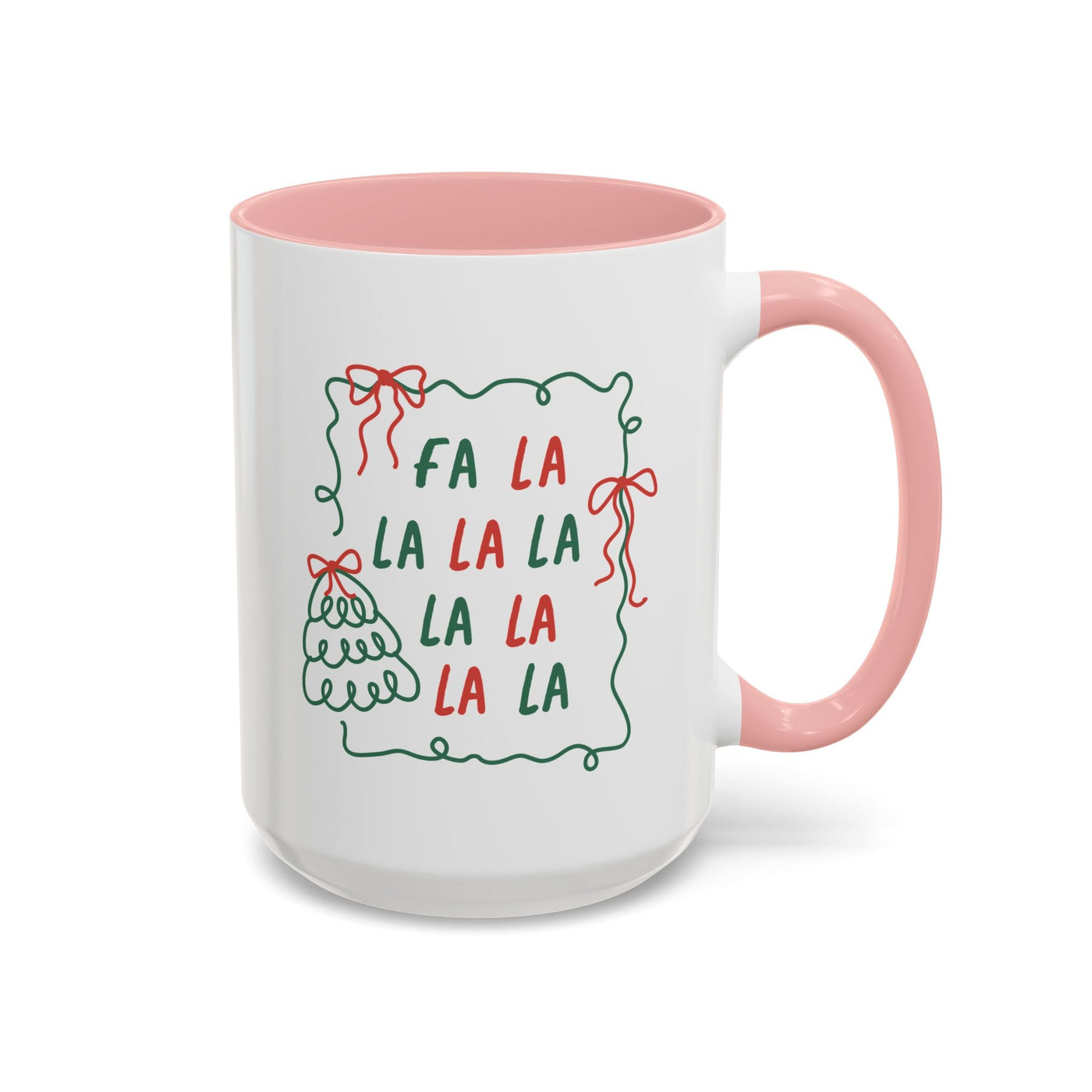 Fa La La Christmas coffee mug with pink handle and festive minimalist design on white ceramic