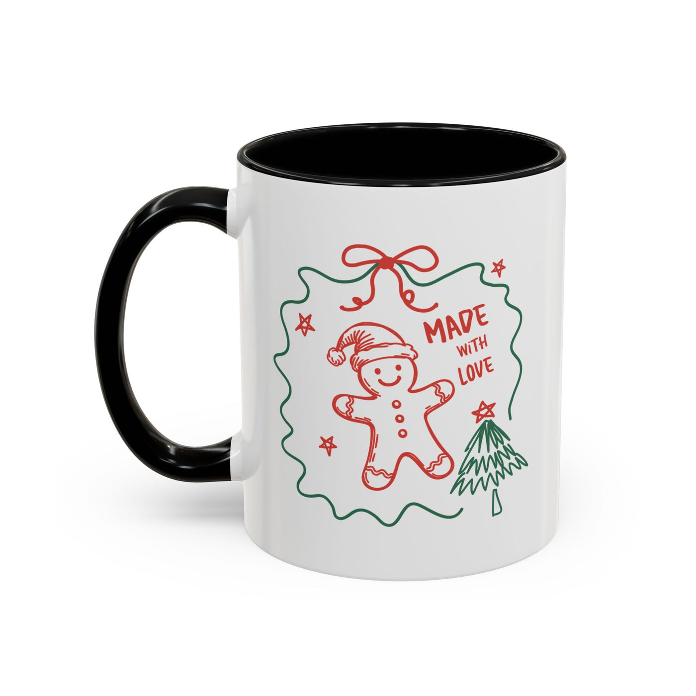 Festive Christmas coffee mug with black handle, gingerbread man and tree design, "Made with Love" text, ceramic holiday cup