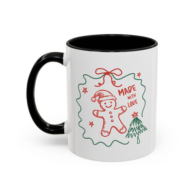 Festive Christmas coffee mug with black handle, gingerbread man and tree design, "Made with Love" text, ceramic holiday cup