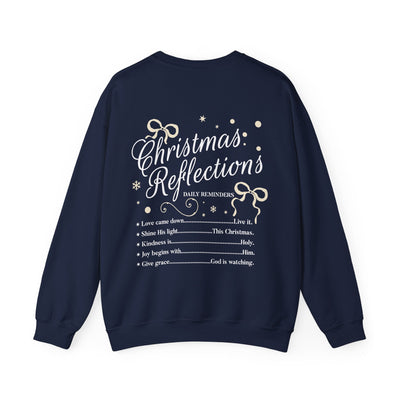 Navy Coquette Christmas Faith Crewneck Sweatshirt with inspirational holiday text and bow design on back