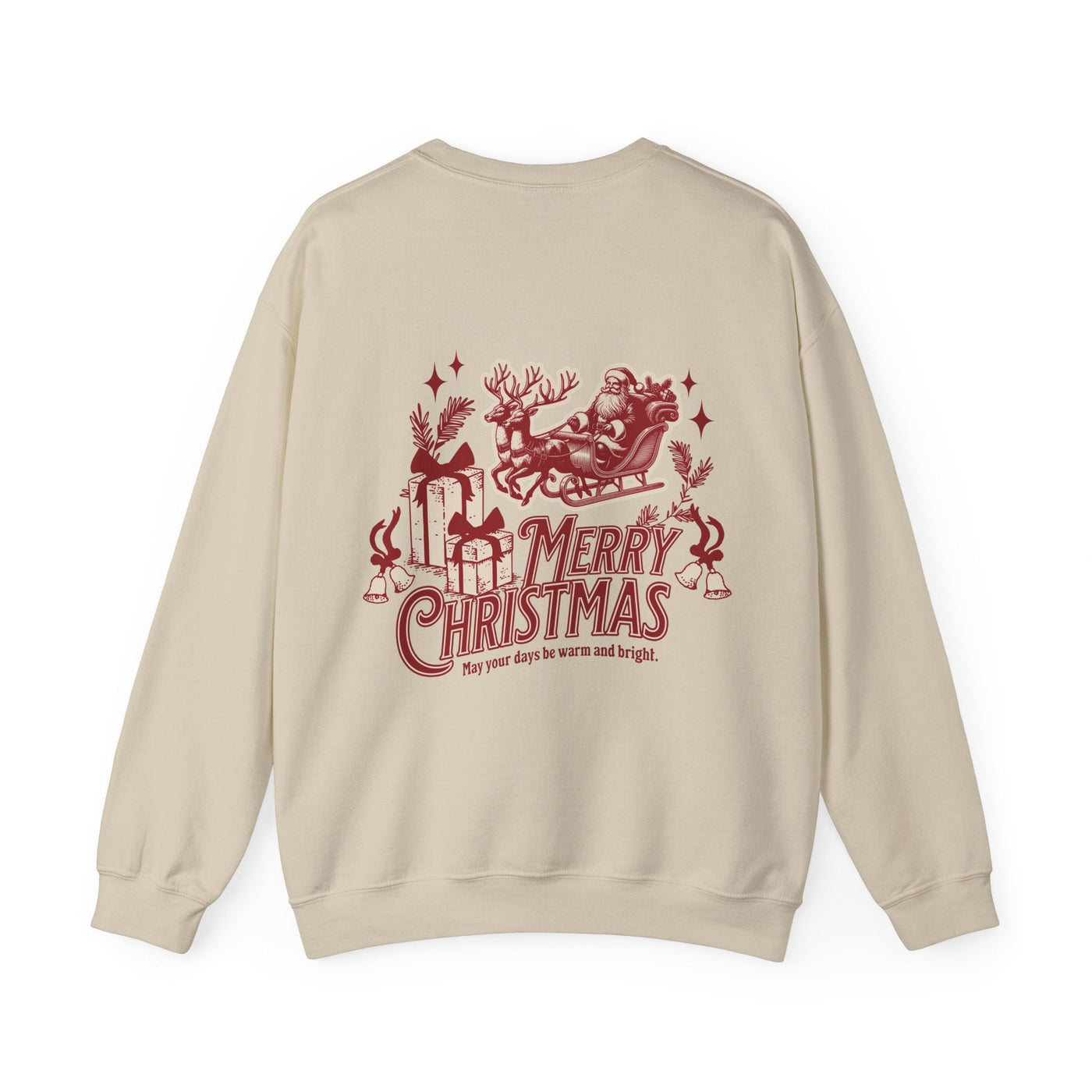 Vintage Merry Christmas crewneck sweatshirt with Santa sleigh and bell design in beige color