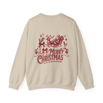 Vintage Merry Christmas crewneck sweatshirt with Santa sleigh and bell design in beige color