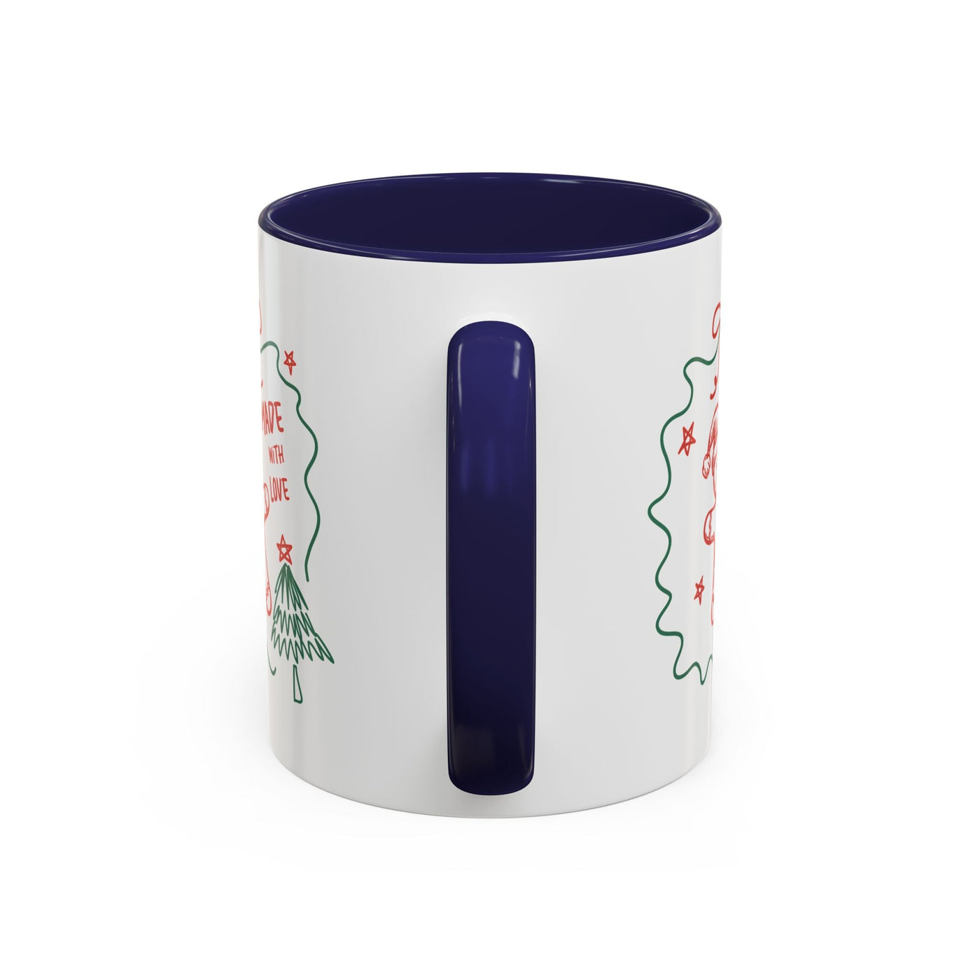 Minimalist festive Christmas coffee mug with navy handle and interior, white ceramic, holiday design, 11oz and 15oz sizes