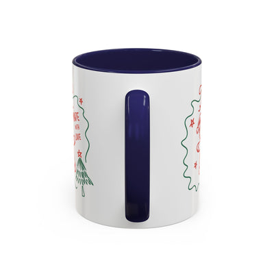 Minimalist festive Christmas coffee mug with navy handle and interior, white ceramic, holiday design, 11oz and 15oz sizes