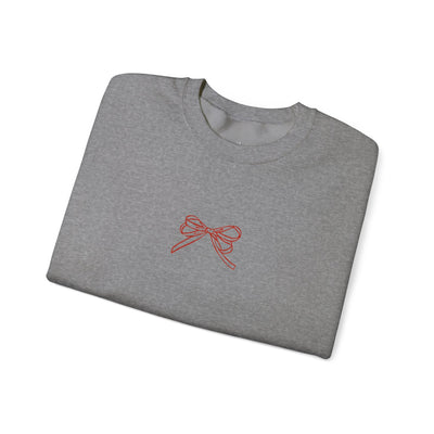 Gray Holiday Bow Crewneck Sweatshirt with red bow design on front, festive and comfortable for adults