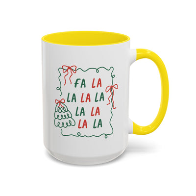 Fa La La Christmas Coffee Mug with yellow handle and festive minimalist design on white ceramic