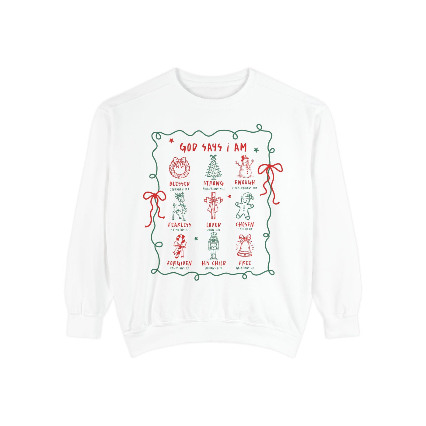 White crewneck sweatshirt with "God Says I Am" inspirational Bible verse embroidery and festive holiday designs