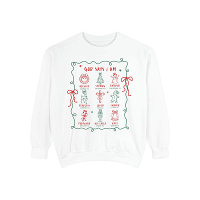 White crewneck sweatshirt with "God Says I Am" inspirational Bible verse embroidery and festive holiday designs