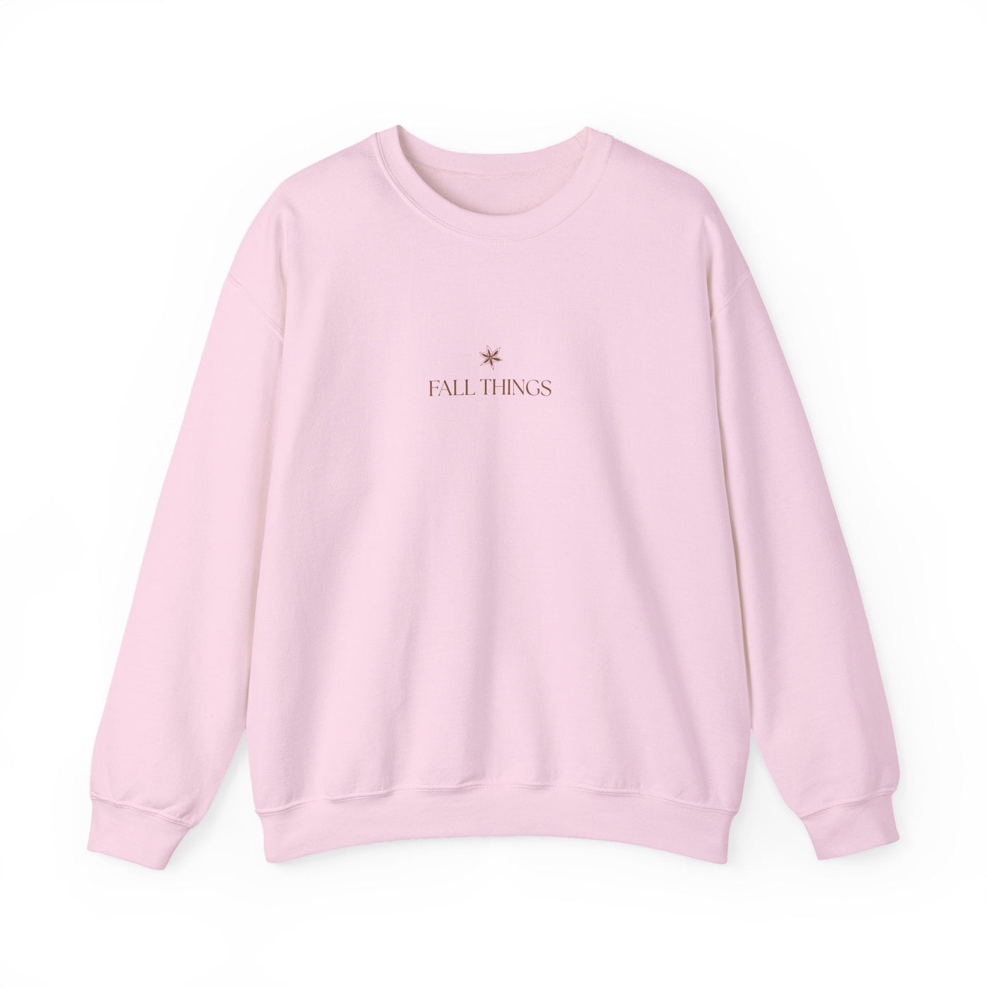 Minimalist pink Fall Things sweatshirt with cozy crewneck for autumn coffee lovers and homebodies