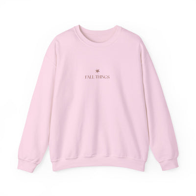 Minimalist pink Fall Things sweatshirt with cozy crewneck for autumn coffee lovers and homebodies