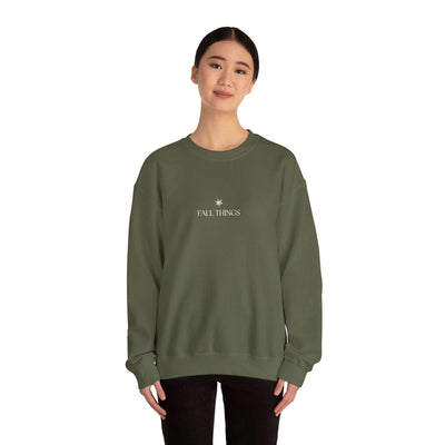 woman wearing olive green Fall Things Sweatshirt cozy minimalist autumn crewneck