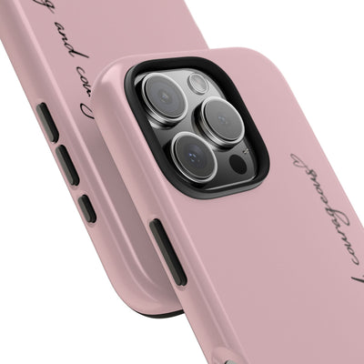 Pink inspirational tough phone case with "Be Strong and Courageous" scripture, dual-layer protection, and sleek design for iPhone and Samsung models