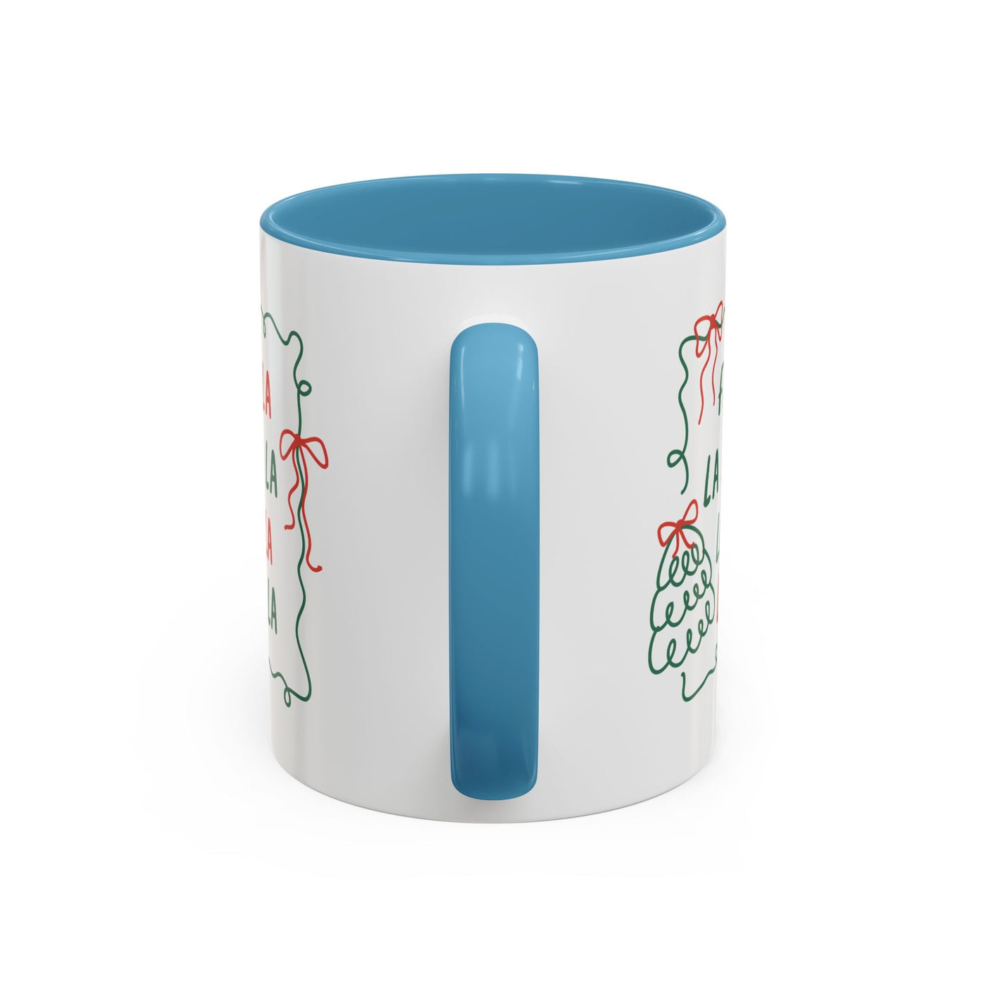 Fa La La Christmas coffee mug with blue handle and minimalist holiday design on white ceramic cup
